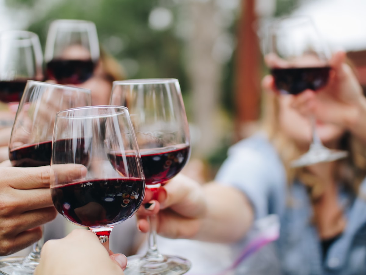 Zwei Gläser Rotwein beim Anstoßen